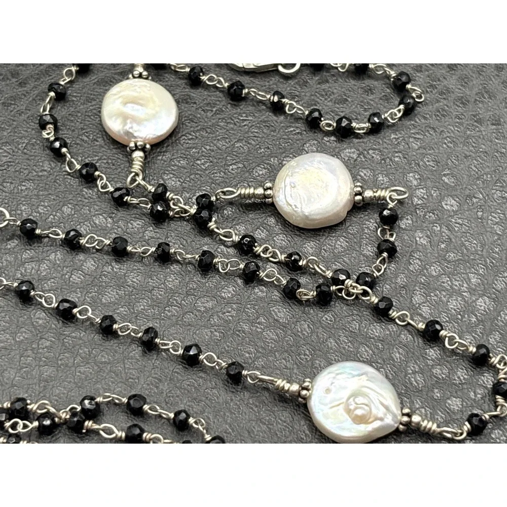Vtg Coin Pearl Sterling Silver 925 Black Bead Necklace Opera Flapper Length 40